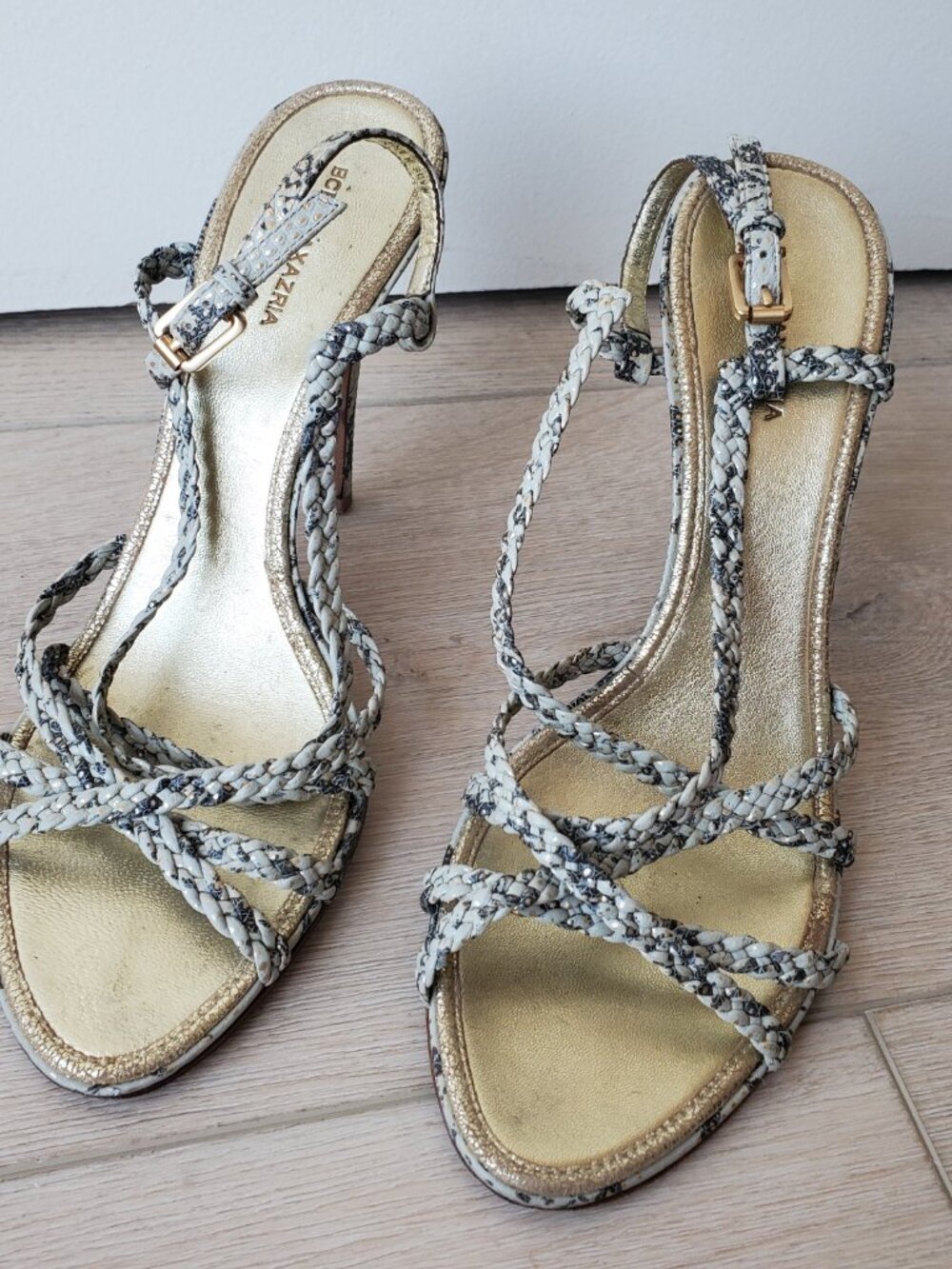 BCBG size 8.5 snake skin print strappy leather heels